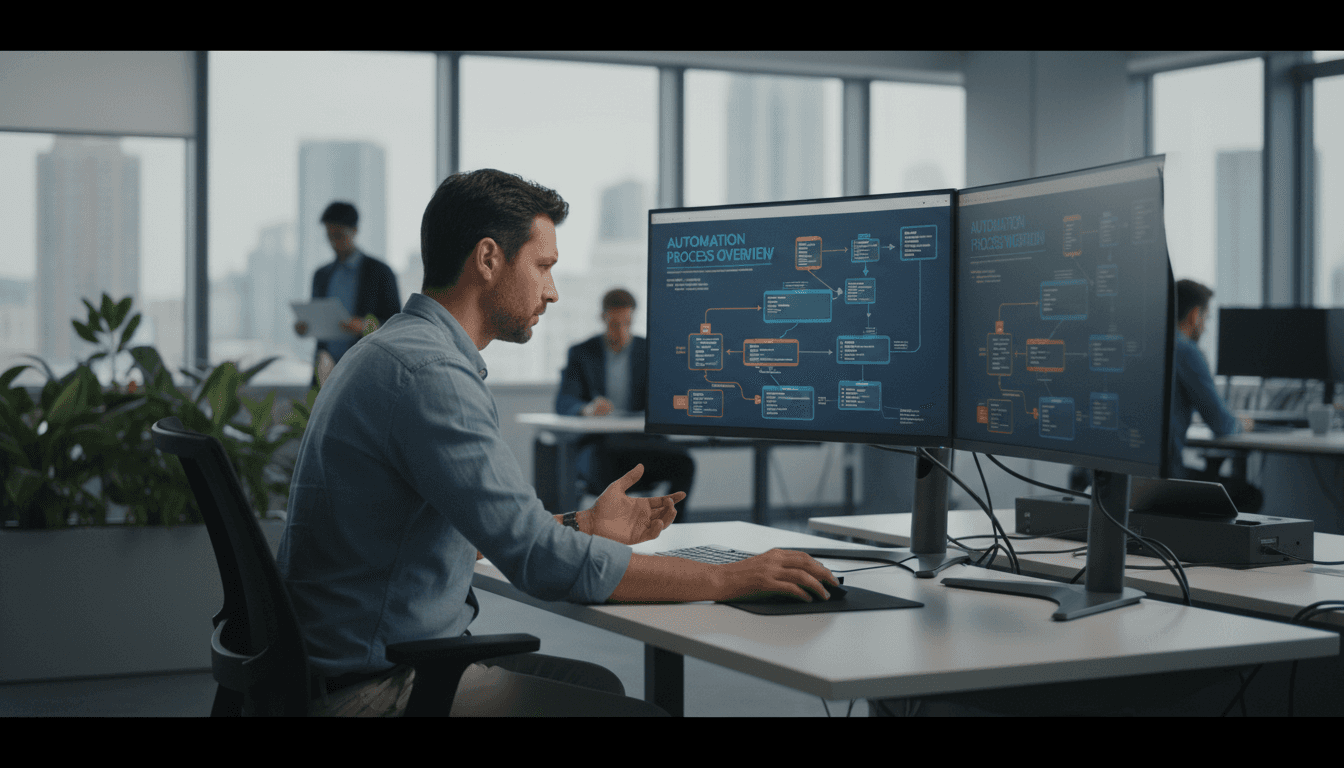 Automation engineer reviewing workflow diagrams on a monitor in a modern office