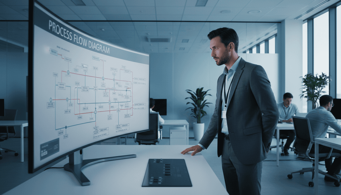 Engineer reviewing flow diagrams on a large monitor