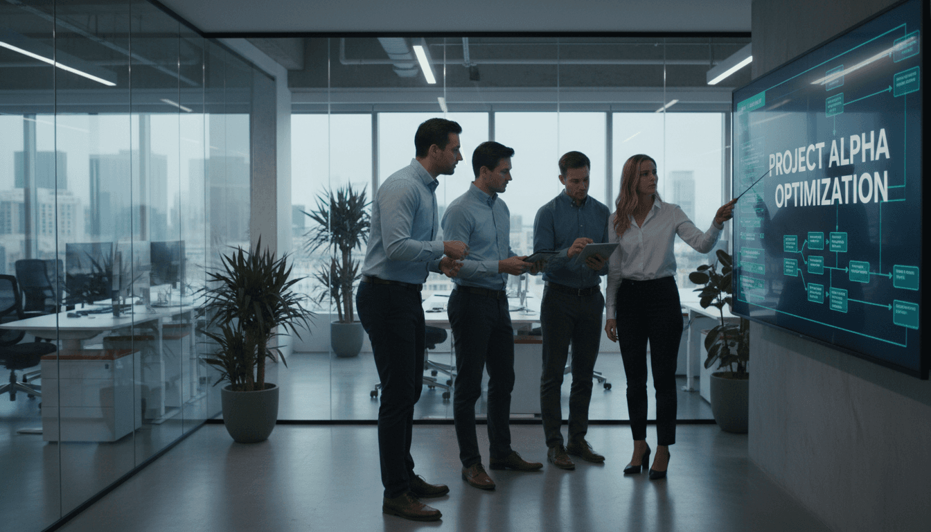 Professional reviewing workflow charts on a screen in a modern office