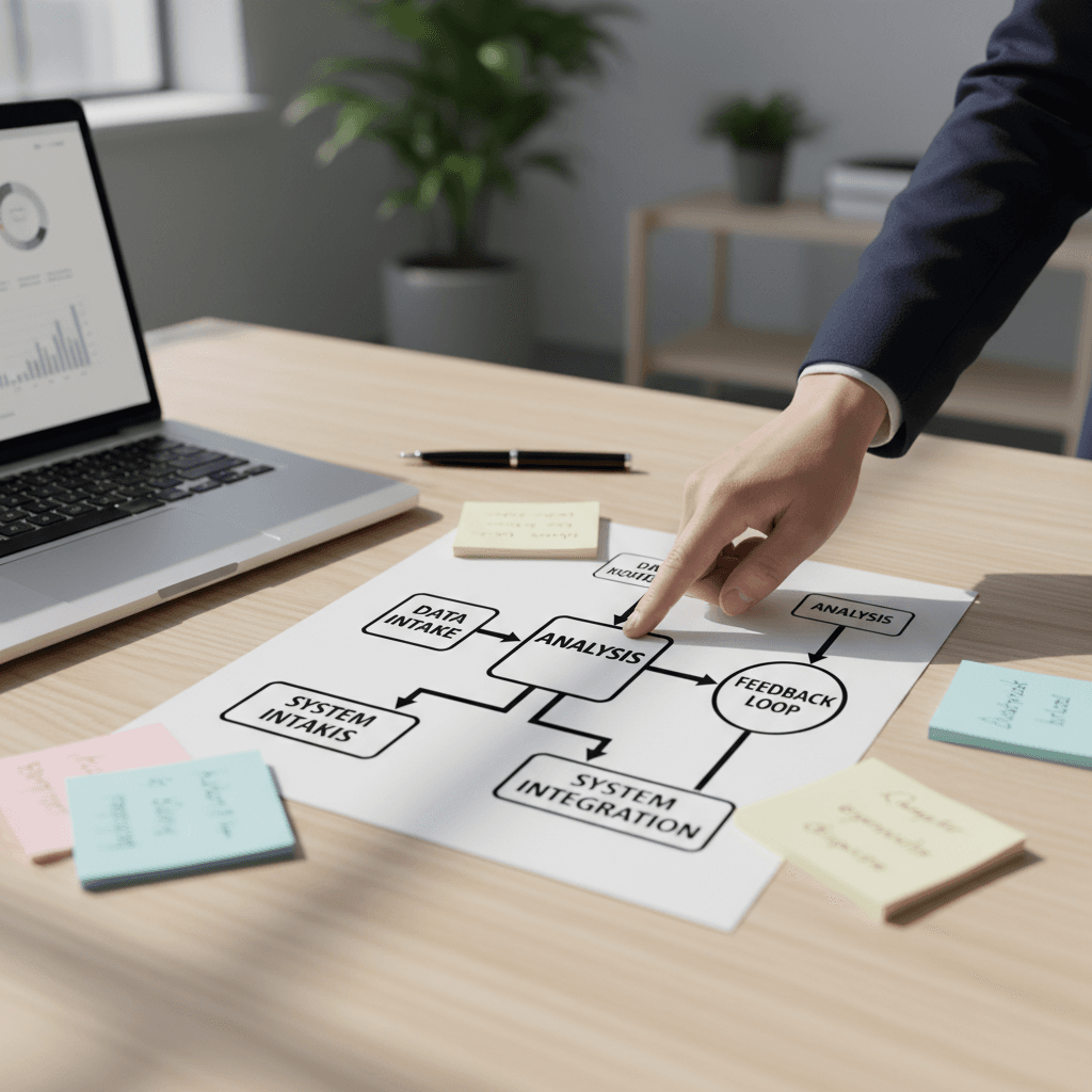 Business analyst sketching a workflow diagram on a whiteboard in a modern office