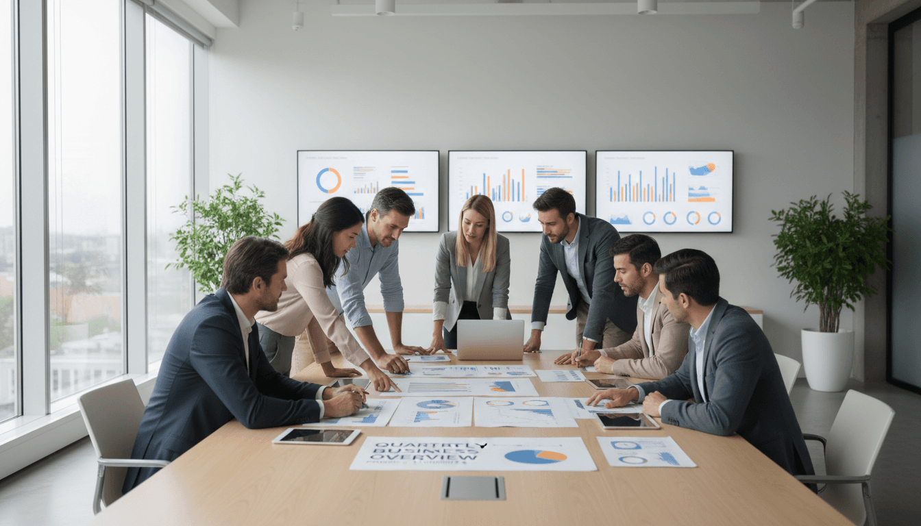 Business team reviewing workflow charts on a laptop in a modern office