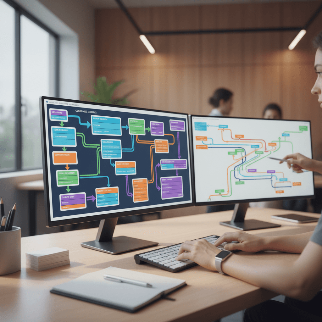 Consultant reviewing workflow diagrams on a monitor