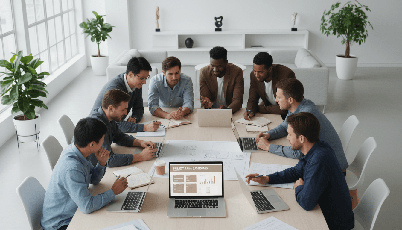 Professional team reviewing workflow charts on a digital screen in a modern bright office