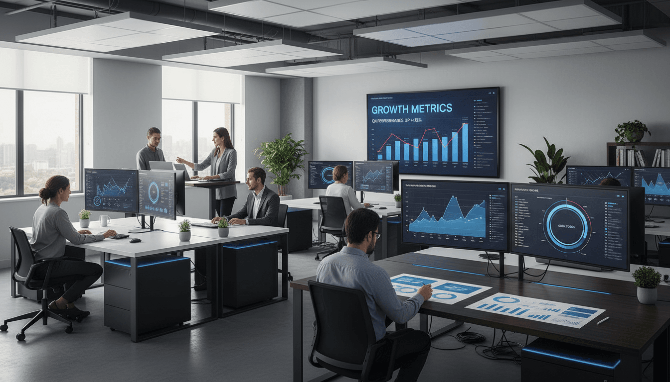 Two professionals reviewing data dashboards on laptops