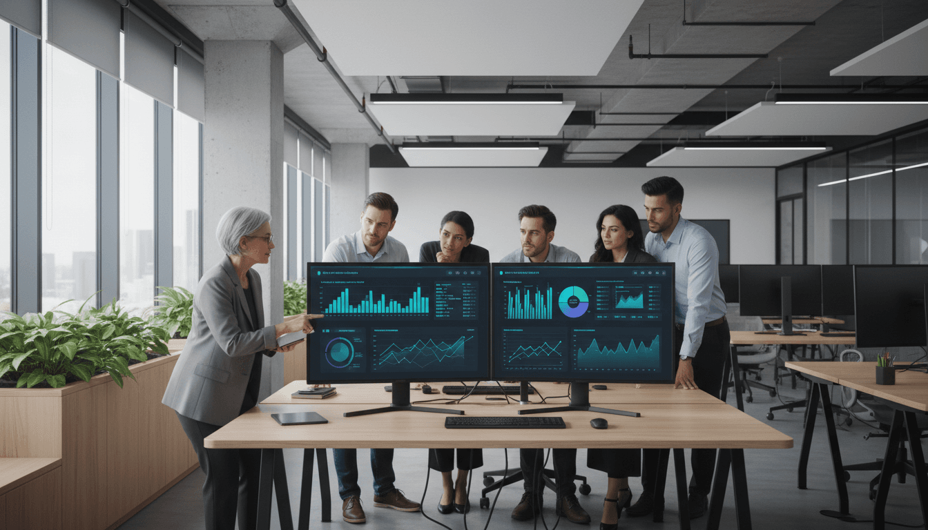Professional team reviewing workflow charts in a modern bright office