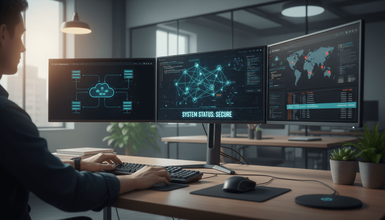 Engineer configuring software integrations at a desk with dual monitors