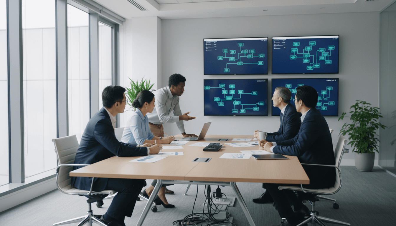 Team discussing system architecture plans in a meeting room