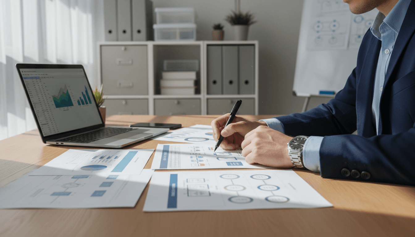 Business professionals reviewing workflow diagrams at a bright office desk