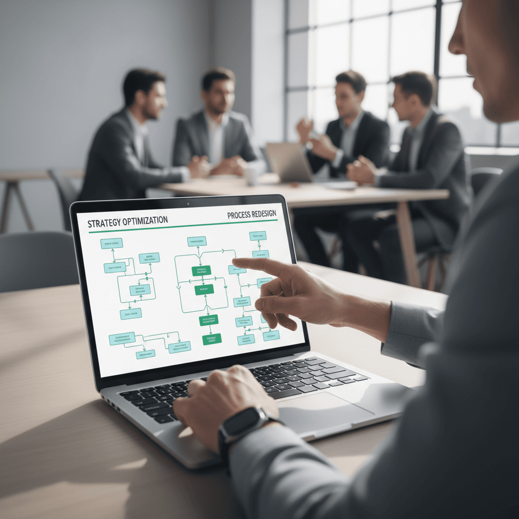 Automation consultant analyzing a workflow diagram on a laptop in a bright Toronto office